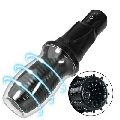 Electric masturbator for men with 7 vibration modes, 360° rotating silicone pocket pussy, and 3D realistic spiral texture. Sex toy for masturbation, blowjobs, sucking, and penis training.