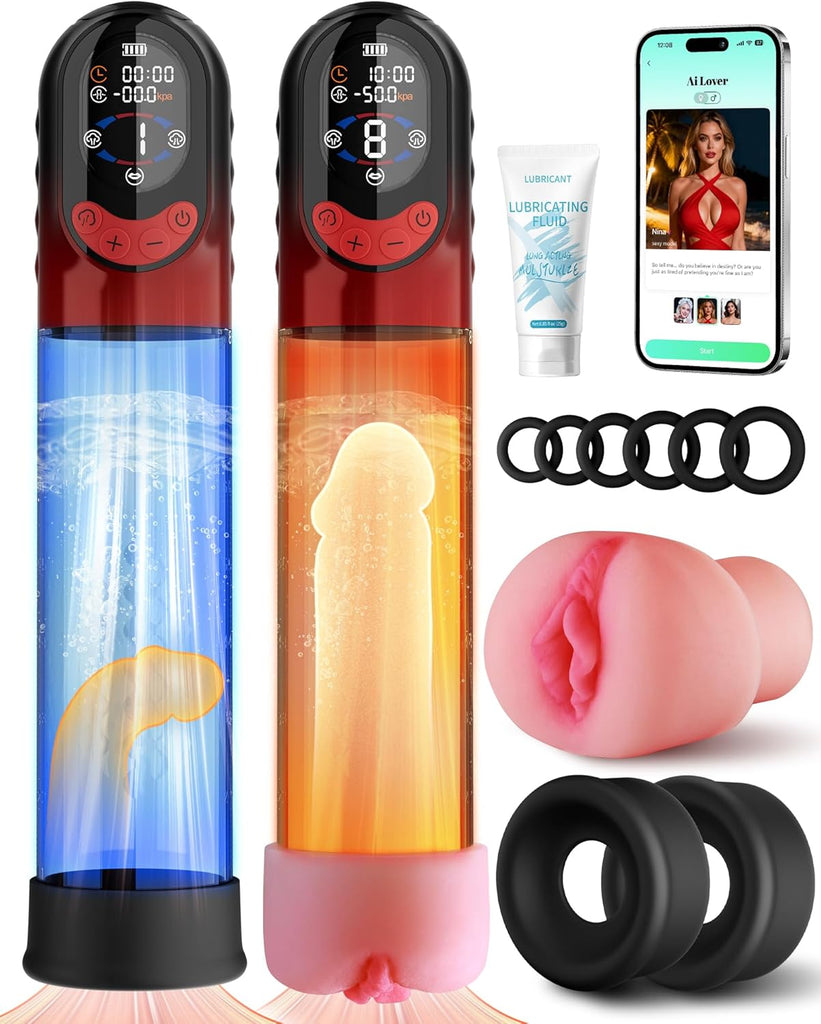 4-in-1 Penis Pump Sex Toy for Men Masturbator, App-Controlled Manual & Automatic Electric Vacuum Pump with 4 Training Modes & 8 Suction Levels, Penis Pump with 6 Penis Rings