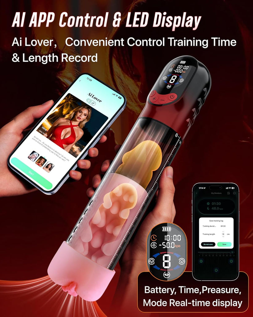 4-in-1 Penis Pump Sex Toy for Men Masturbator, App-Controlled Manual & Automatic Electric Vacuum Pump with 4 Training Modes & 8 Suction Levels, Penis Pump with 6 Penis Rings