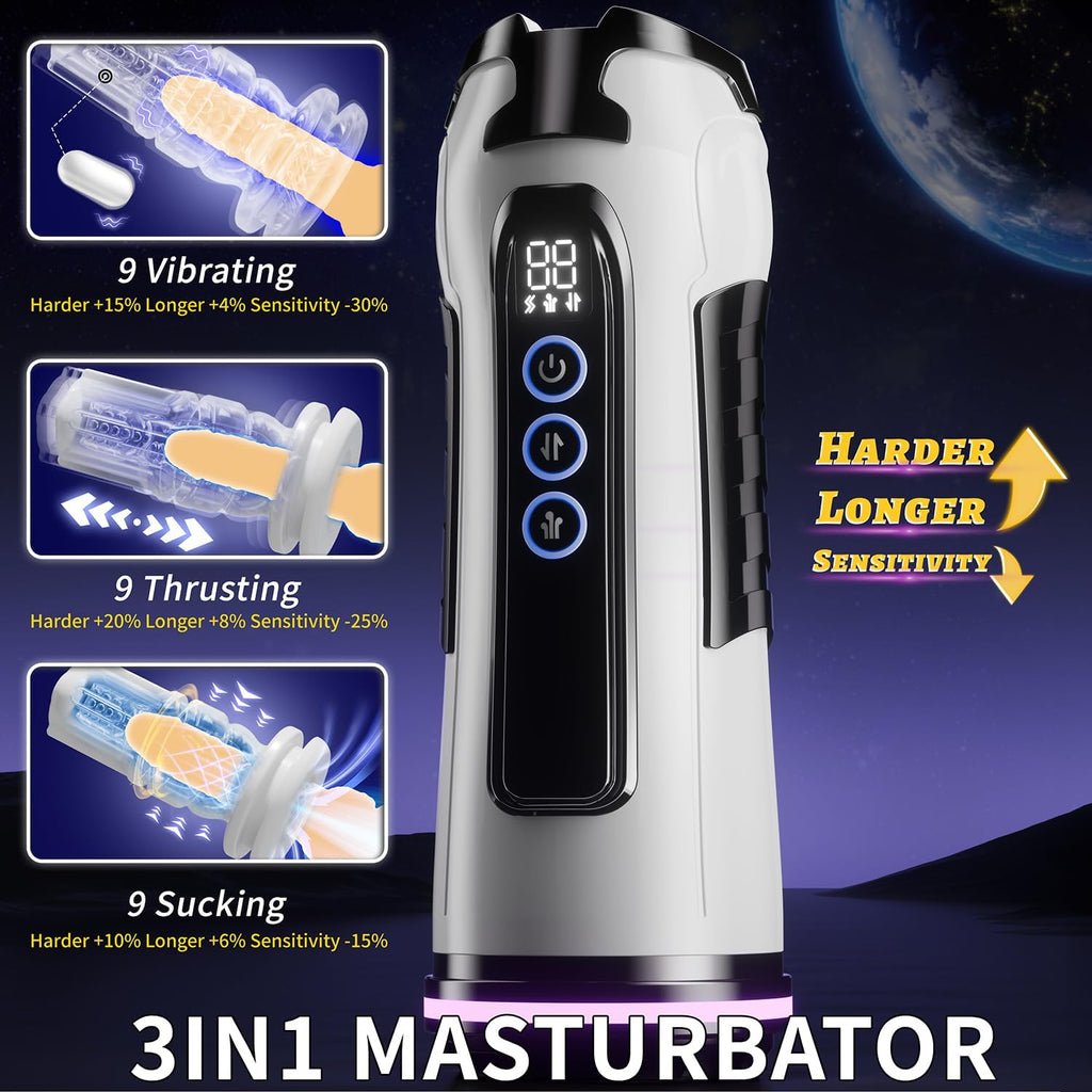 9-modes: sucking, vibrating thrusting, male heated pocket-type vaginal oral sex masturbator