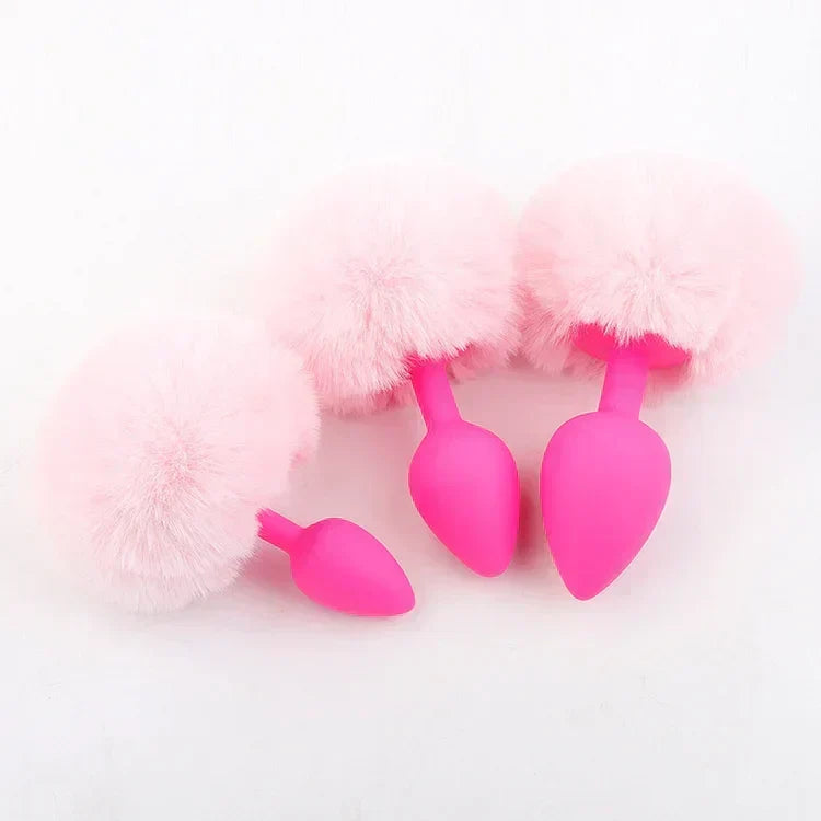 Pure Love Fluffy Bunny Tail, Silicone Anal Butt Plug, 3 Color, Adult Sex Toy