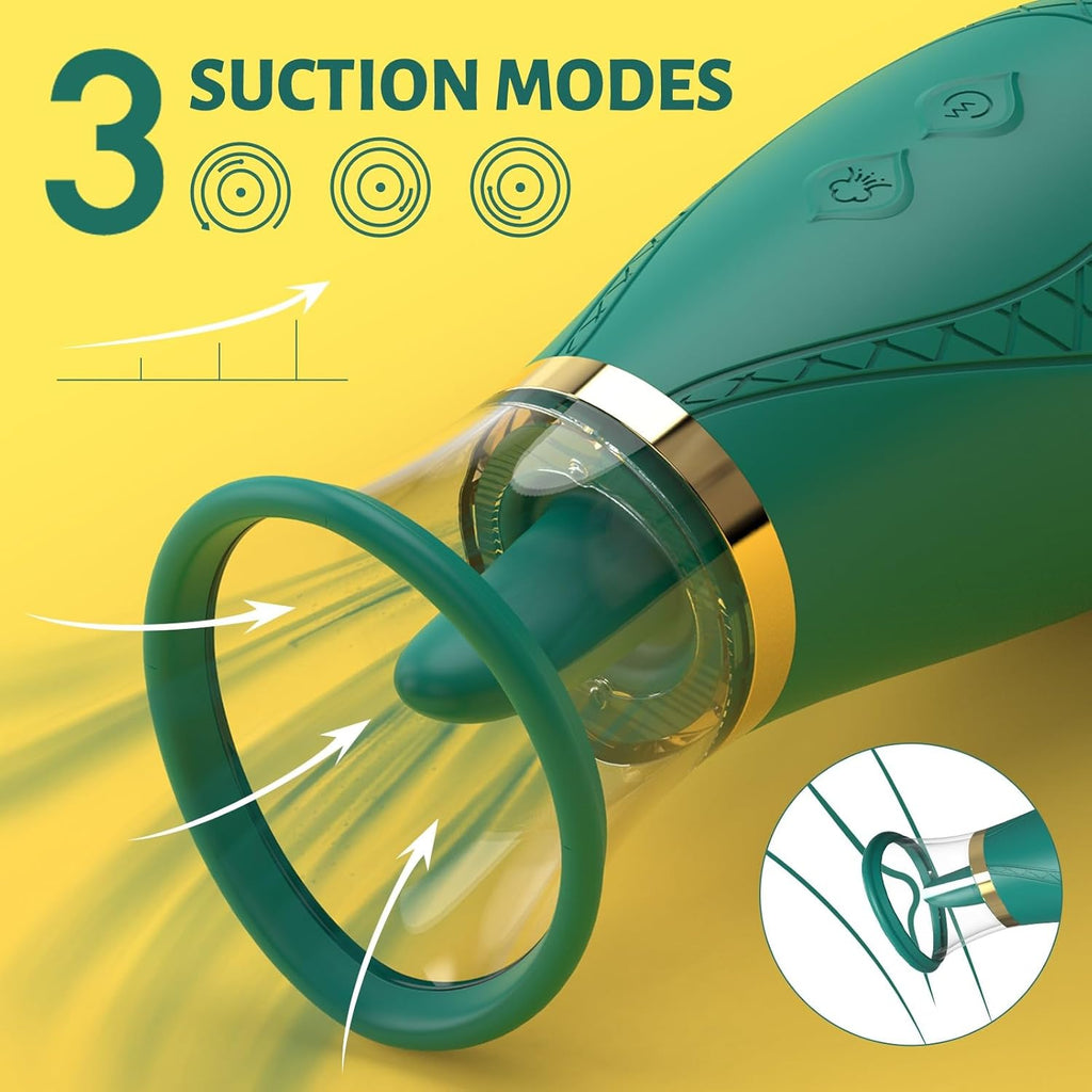 Green clitoral sucking vibrator sex toy, 3 sucking modes, 9 licking modes, nipple and clitoral sucker